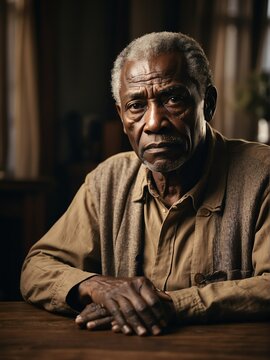 Portrait of a worried elderly black african man on a table in the living room background from Generative AI