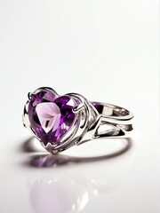 Shiny heart shaped amethyst gemstome on a silver ring on plain white background from Generative AI