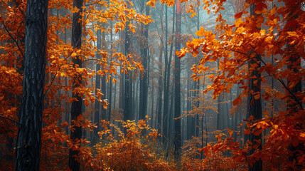 A magical forest alive with the vibrant colors of autumn leaves, their fiery hues a testament to the changing seasons. - obrazy, fototapety, plakaty