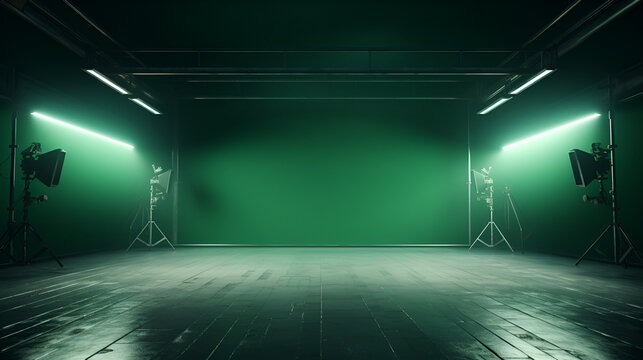 Green screen background realistic shooting location, Shooting studio with professional equipment and green screen, Modern empty green photo studio with old style movie camera, Generative Ai