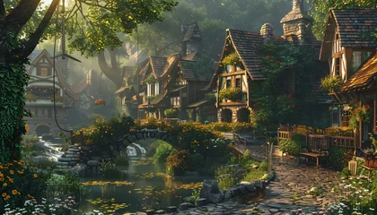 Fotobehang Village house in fantasy style, painting style, generated by AI © Sigit