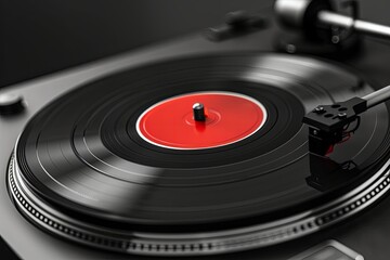 A turntable, a type of audio equipment, displaying a red vinyl disc spinning on its surface. The disc is rotating as the needle reads the grooves, producing music. Generative AI