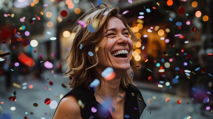 Joyful woman laughing surrounded by a burst of colorful confetti her happiness infectious