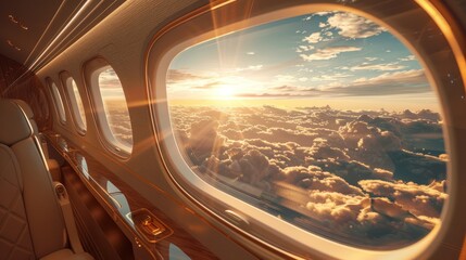 Fototapeta premium Luxurious interior design in a contemporary business jet with sunlight streaming through the window