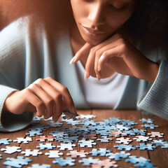 Close-up of a beautiful mixed race woman sitting at the table and assembling a puzzle