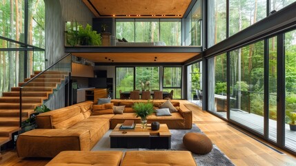 A modern living room with a mezzanine features wooden floors, walls adorned with grooves - obrazy, fototapety, plakaty