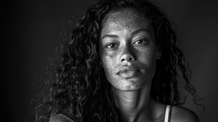 Black and White Portrait of Woman with Unique Freckles - obrazy, fototapety, plakaty