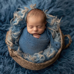 newborn boy in a basket with fur - obrazy, fototapety, plakaty