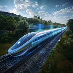 Sleek high speed train gliding through a landscape enhanced with blue technological energy fields