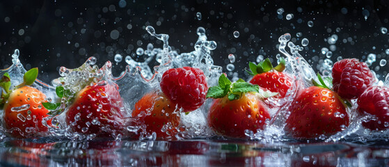 A fresh strawberries and raspberries with water splashing around them on a dark background, highlighting the freshness and vitality of the fruit. - obrazy, fototapety, plakaty