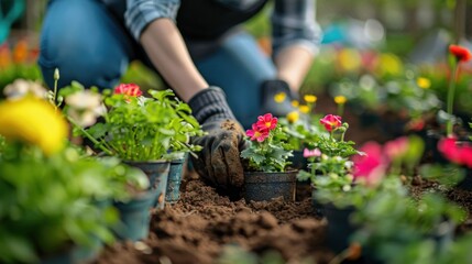 Gardeners are planting flowers by hand in pots filled with dirt or soil - 744447887