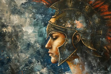 Athena goddess of strategy portrayed in an oil painting featuring mythology, ancient Greek elements, and a warrior's helmet - obrazy, fototapety, plakaty