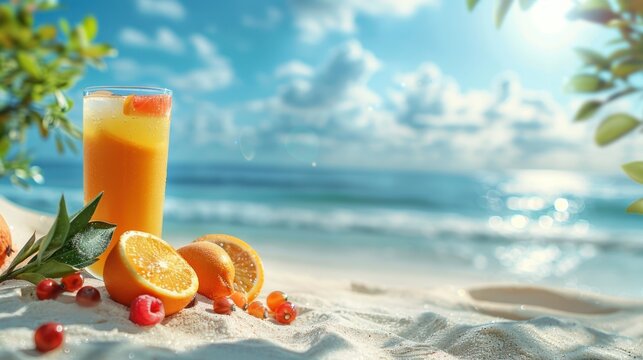 Fresh orange juice, fruits on sand with blue sky background, summer concept