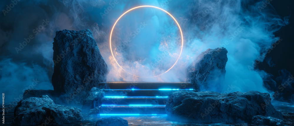 Poster podium light hologram tech technology background portal circle cyberpunk effect digital. game elemen