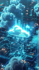 Virtual cloud storage manifests above a glowing blue circuit landscape