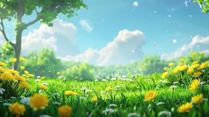 Obraz premium A charming meadow filled with vibrant green grass and yellow dandelion flowers
