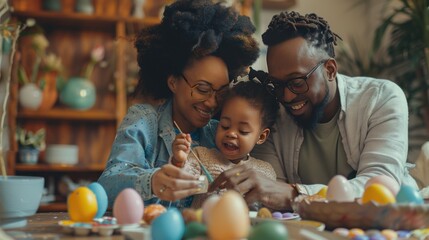 A mother, father, and their daughter are joyfully painting Easter eggs, a happy family getting ready for the Easter celebration - obrazy, fototapety, plakaty