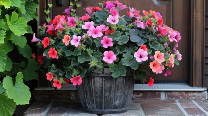 A flower pot with geraniums, calibrachoas (million bells), and sweet potato vine cascades with vibrant colors.