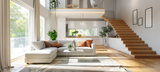 Modern Living Room with Stair Photo AI Generate