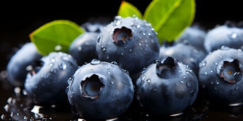 Inviting Natural Backdrop: Fresh Blueberries Covered in Water Droplets. Concept Nature, Blueberries, Water Drops, Fresh, Colorful - obrazy, fototapety, plakaty