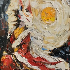Amaterasu oil painting portrays a vibrant sun deity with a textured canvas and expressive brushstrokes