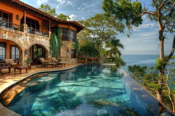 Tropical luxury villa on blue cloud background