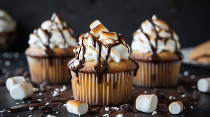 A mouthwatering serving of s'mores cupcakes, each one filled with gooey marshmallow and topped with a chocolate ganache drizzle. - Powered by Adobe