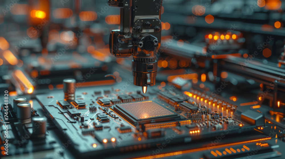 Poster a robotic arm is engaged in precision work on an electronic circuit board with intricate components 