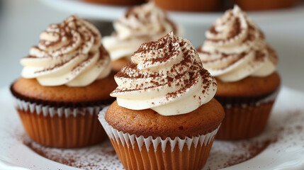 A mouthwatering serving of tiramisu cupcakes, each one filled with espresso-soaked cake and topped with creamy mascarpone frosting.