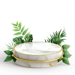 white and gold stone marble podium with green leave on transparency background PNG
