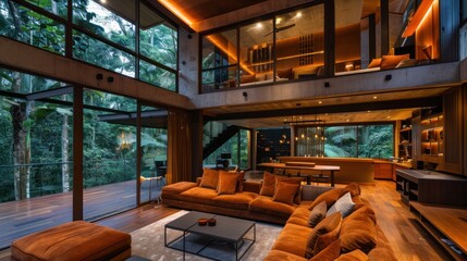 A modern living room with a mezzanine features wooden floors, walls adorned with grooves - obrazy, fototapety, plakaty
