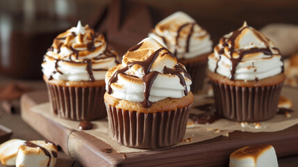 A mouthwatering serving of s'mores cupcakes, each one filled with gooey marshmallow and topped with a chocolate ganache drizzle.