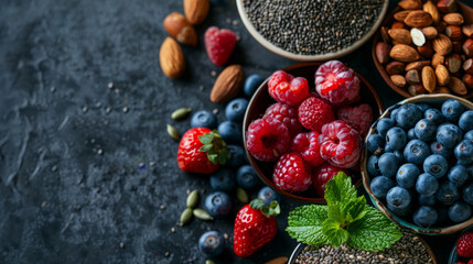 Assorted berries and nuts on a textured dark background. Bowls of fresh raspberries, blueberries, and strawberries - obrazy, fototapety, plakaty