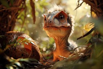 Gordijnen Newly hatched Tyrannosaurus Rex cub emerges from its cracked dinosaur egg © stockdevil
