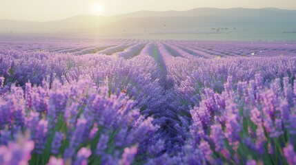 A vast expanse of purple lavender fields stretching to the horizon, their fragrance hanging heavy in the air