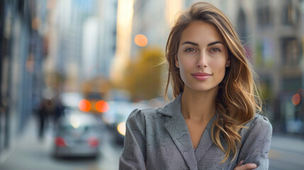 A confident young woman with long hair stands on a city street, with a soft focus background of urban architecture and traffic. She has a gentle smile and is looking directly at the camera.
