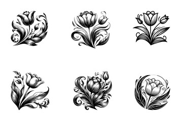 vector set of tulip flower line art style - black (artwork 1) - obrazy, fototapety, plakaty