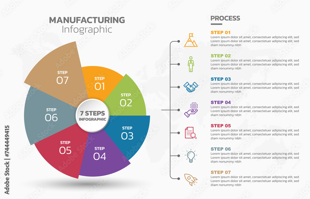Poster Visual data presentation. Cycle diagram with 7 options. Pie Chart Circle infographic template with 7 steps, options, parts, segments. Business concept. Marketing infographic vector illustration.