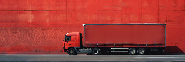 Transportation and logistics concept with truck pulling trailer on red background