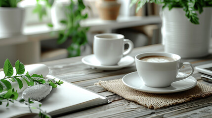 Fototapeta premium Cup of coffee and cake on a white table.