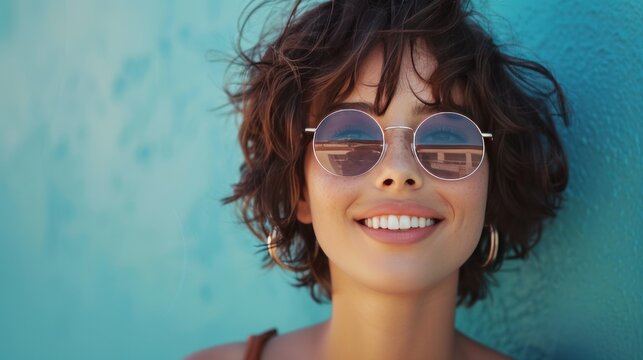 A close-up photograph of a fashionable young woman wearing sunglasses, smiling in front of a blue background