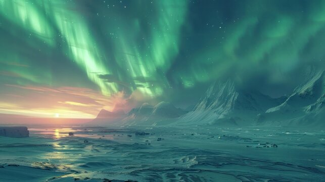 The northern lights illuminate a vast, snowy tundra in shades of green