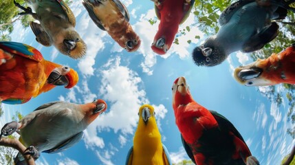 Bottom view of birds standing in a circle against the sky. An unusual look at animals. Animal looking at camera