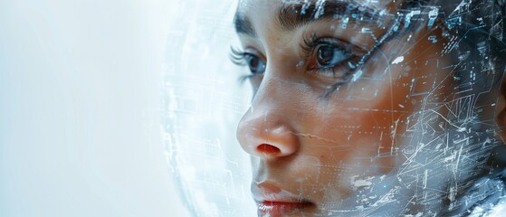 Portrait of a young woman with cyber fog technology code