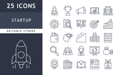 Set of 25 startup icons line style. Business, idea, marketing, target, innovation, strategy. Editable stroke. Vector illustration
