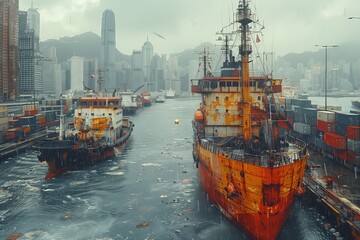 Several boats are moored in a harbor with a city skyline in the background, under a cloudy sky...