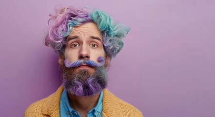 Surrealistic Style: Expressive Bearded Man with Colorful Curls. man with a beard, incredible...