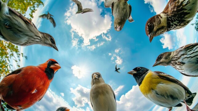 Bottom view of birds standing in a circle against the sky. An unusual look at animals. Animal looking at camera