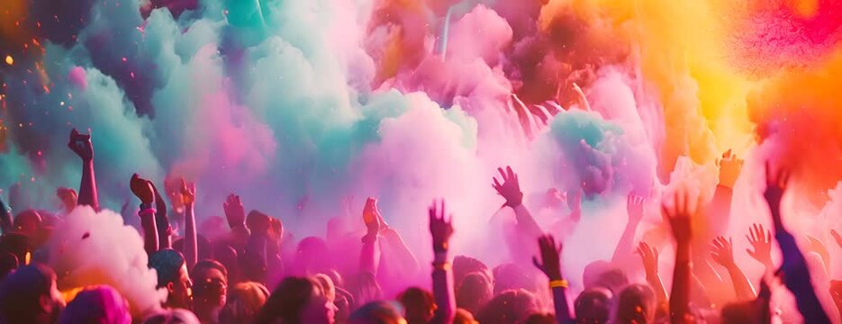 Crowd throwing bright coloured powder paint in the air. Happy holi indian festival celebration 4K Video
