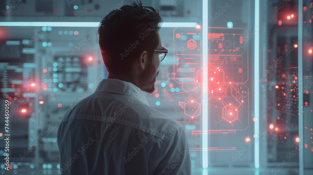 Poster a professional man in glasses is depicted from a rear view, observing high-tech digital screens with